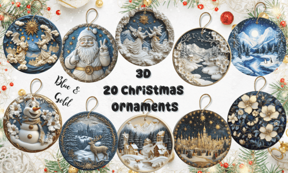 3D - 20 Christmas Ornaments Blue Gold: A Review for Illustrations