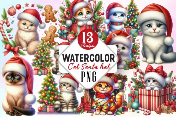 Christmas Cat Santa Hat Clipart for Creative Illustrations