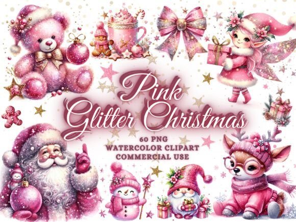 Glitter Pink Christmas Clipart Bundle for Modern Illustrations