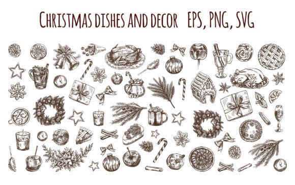 Hand-drawn Christmas Food and Decoration for Modern Illustrations