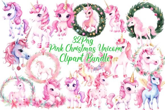Pink Christmas Unicorn Clipart -Set for Illustrations